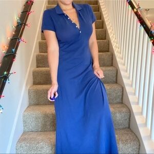 POLO RALPH LAUREN 100% Pima Cotton Collared Blue Shirt Dress Maxi Length Large